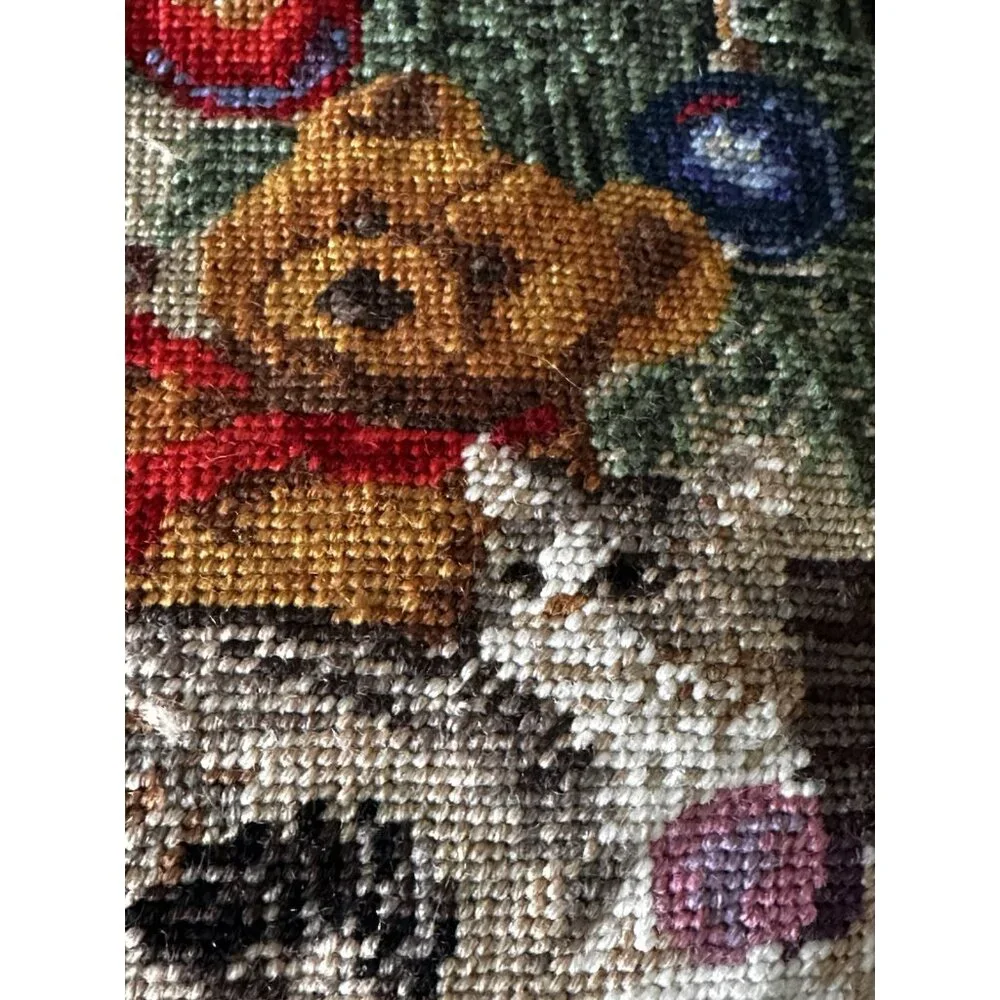 Wool Needlepoint Pillow Christmas Dog Cat Teddy Bears Tree Vintage Complete READ